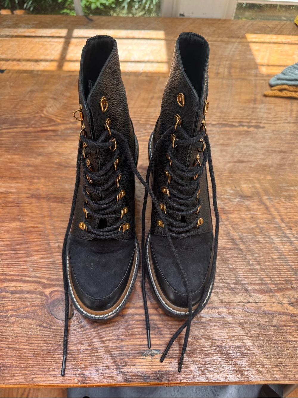 Tory Burch Black Lace-Up Heeled Combat Boots with Gold Hardware